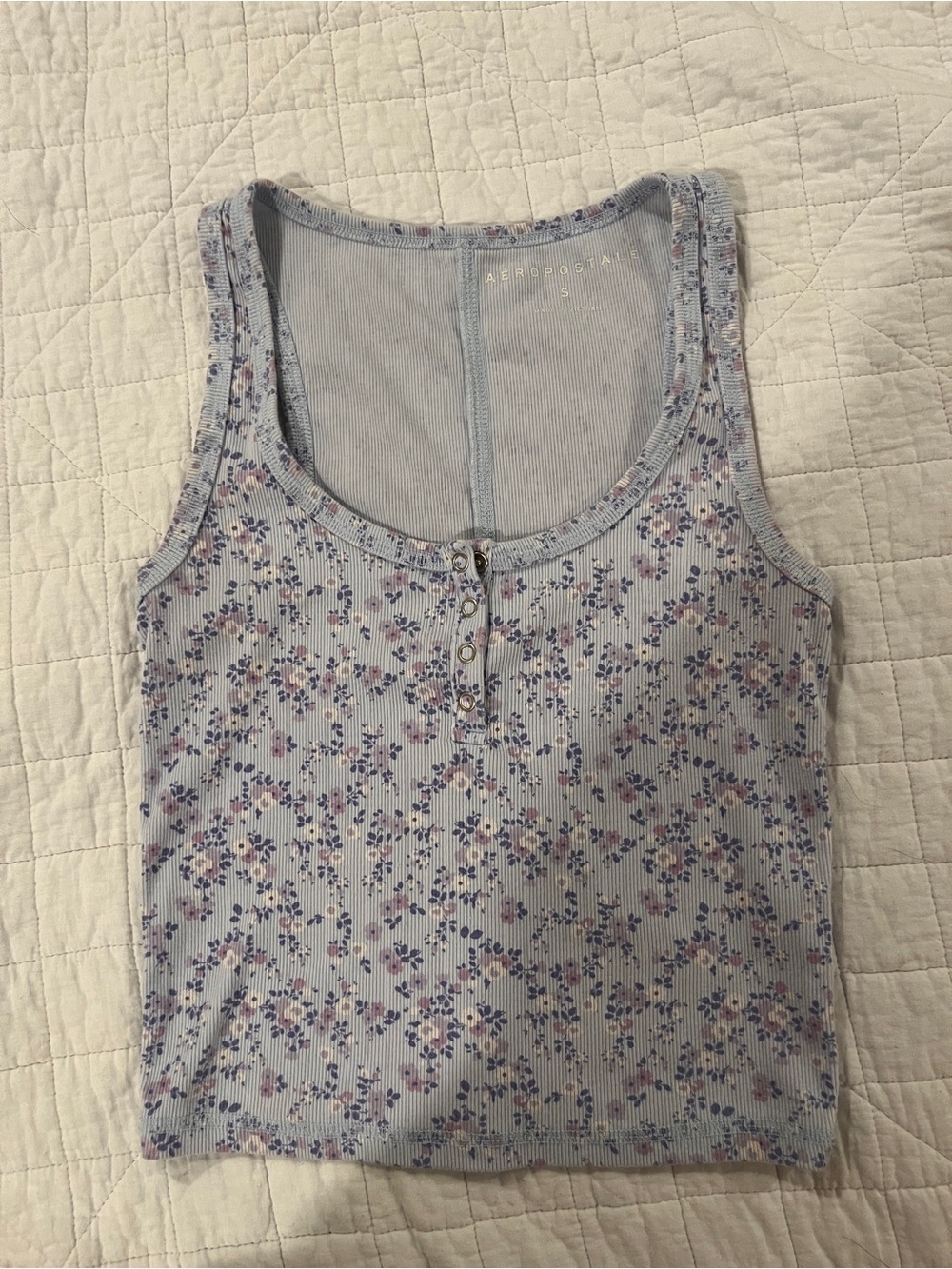 Aeropostale Floral Rib Henley Tank Top Women’s Small Blue Pink Tank Cottagecore
